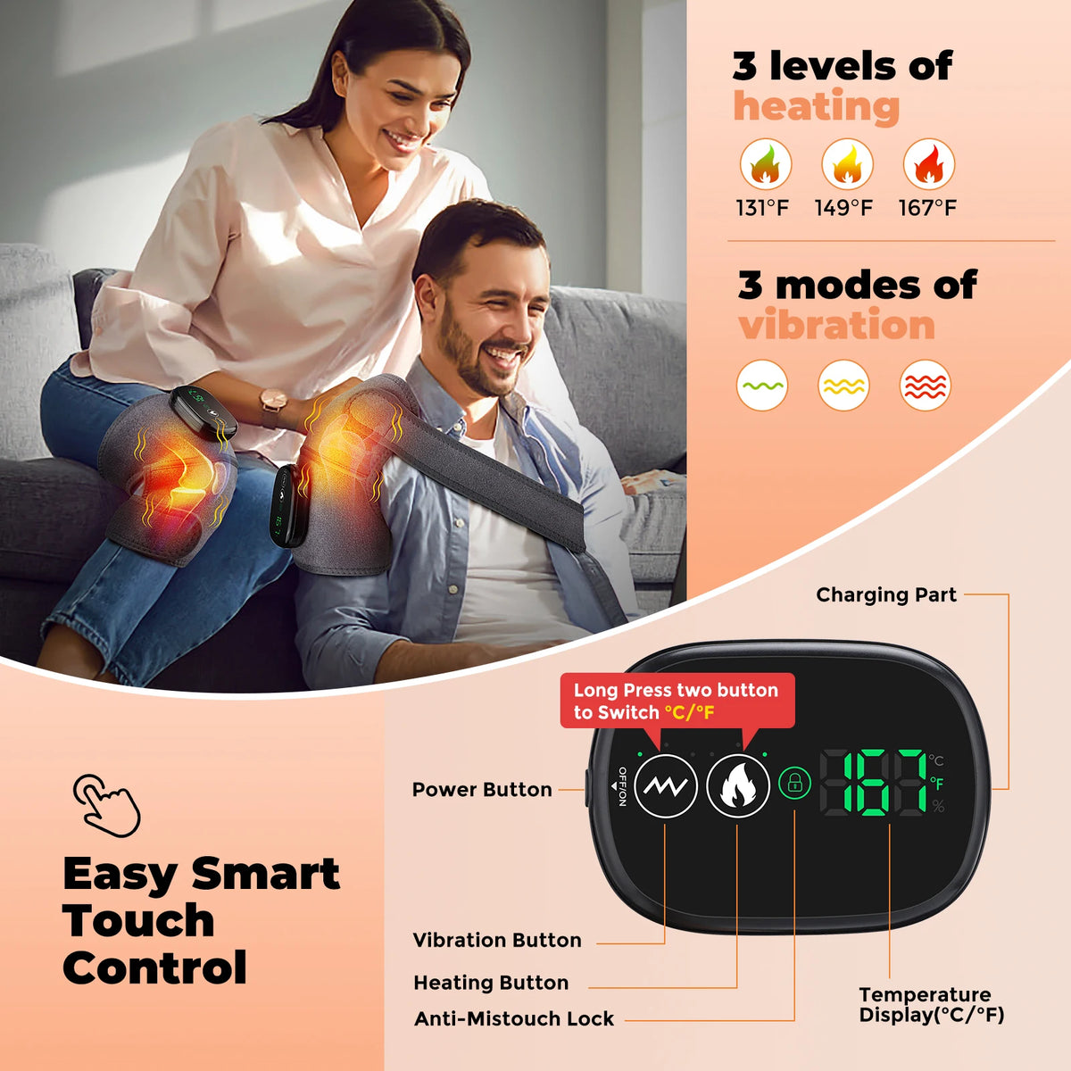 3-in-1 Cordless Heated Knee Massager with Vibration Therapy
